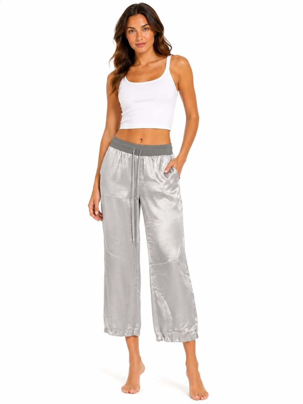PJ HARLOW Jolie Capri Satin Palazzo Pajama Pant Silver Size Small